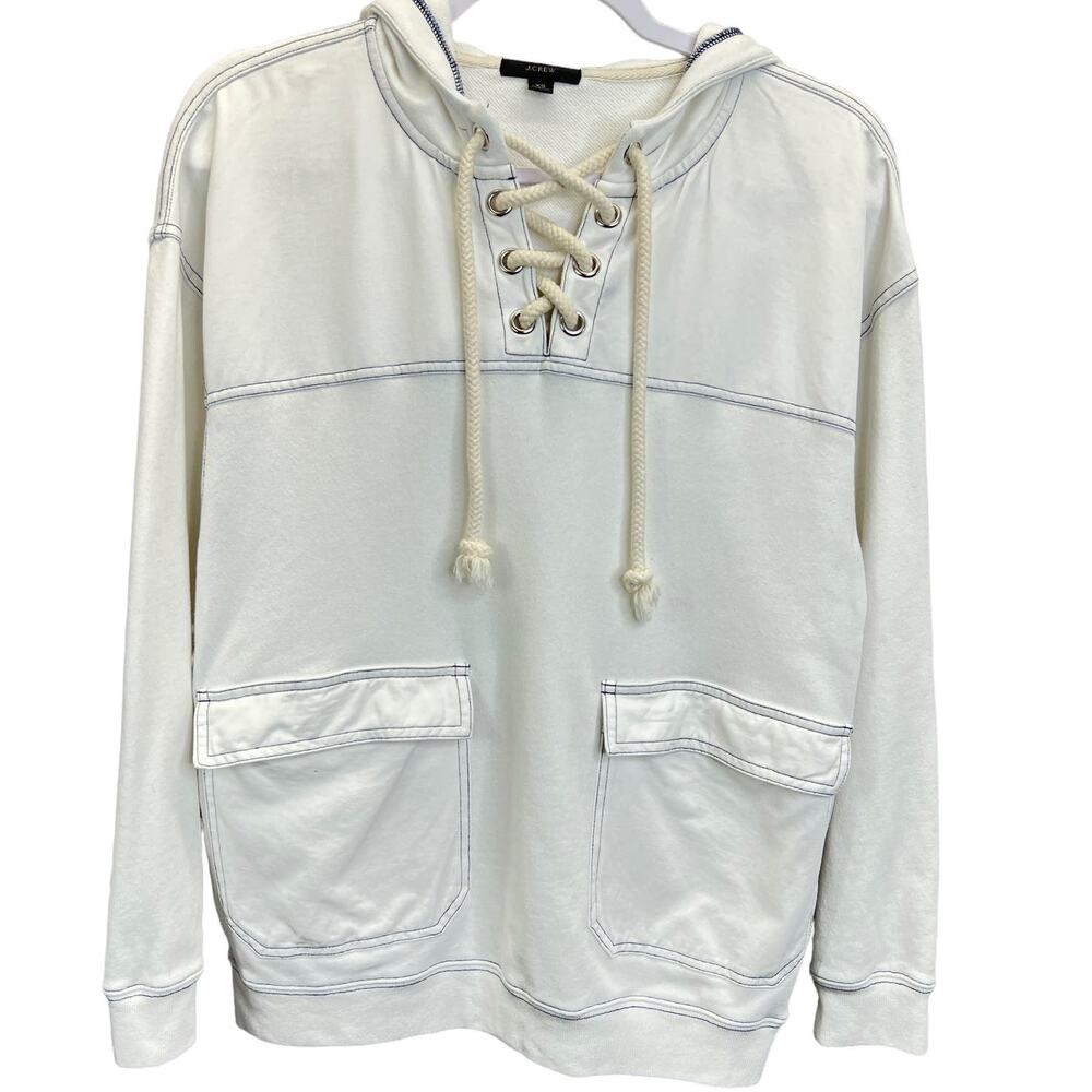 J.Crew Womens Hoodie Sweatshirt White XS Pockets Tie Front Oversize Nautical‎